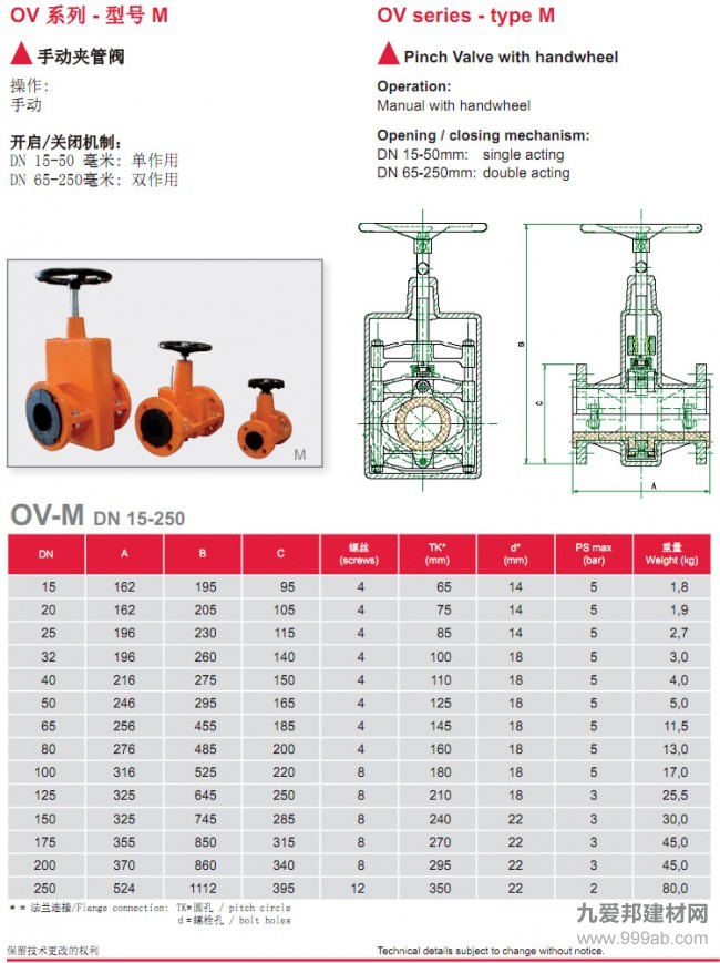 OV手动管夹阀技术参数